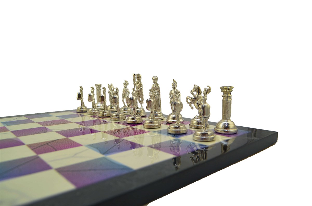 Gifthome Metal Satranç Takımı/Seti;Orta, Roma Figürlü Parlak Taş ve Bahar Desenli Satranç Tahtası