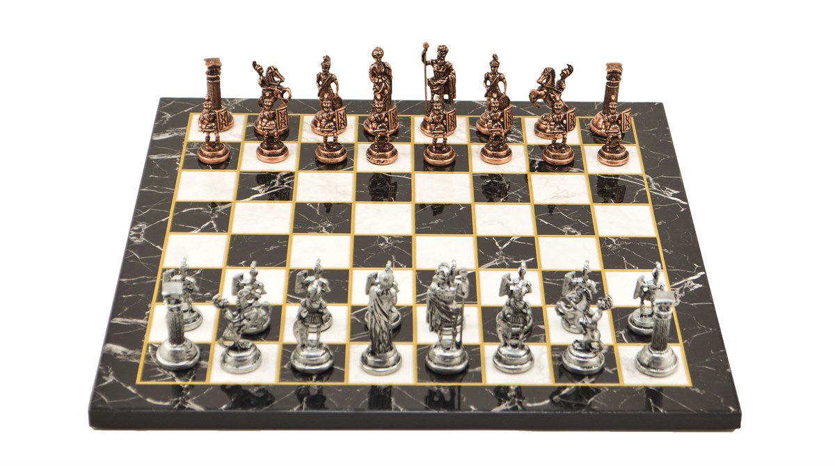 Gifthome Metal Satranç Takımı/Seti;Orta, Roma ,Antik Taş ve Düz Mermer Desenli Satranç Tahtası