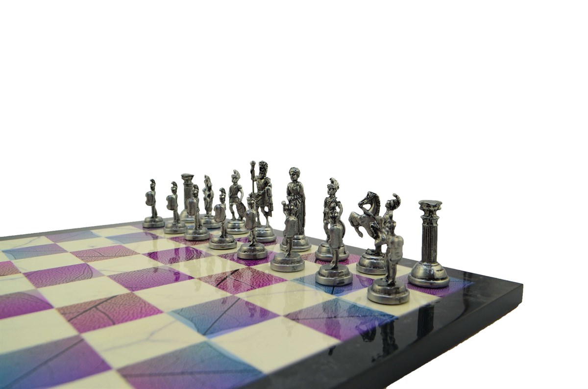 Gifthome Metal Satranç Takımı/Seti;Orta, Roma Figürlü Antik Taş ve Bahar Desenli Satranç Tahtası