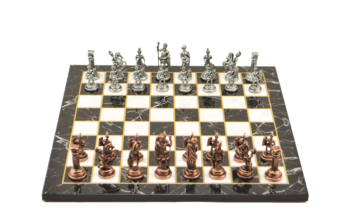 Gifthome Metal Satranç Takımı/Seti;Orta, Roma ,Antik Taş ve Düz Mermer Desenli Satranç Tahtası