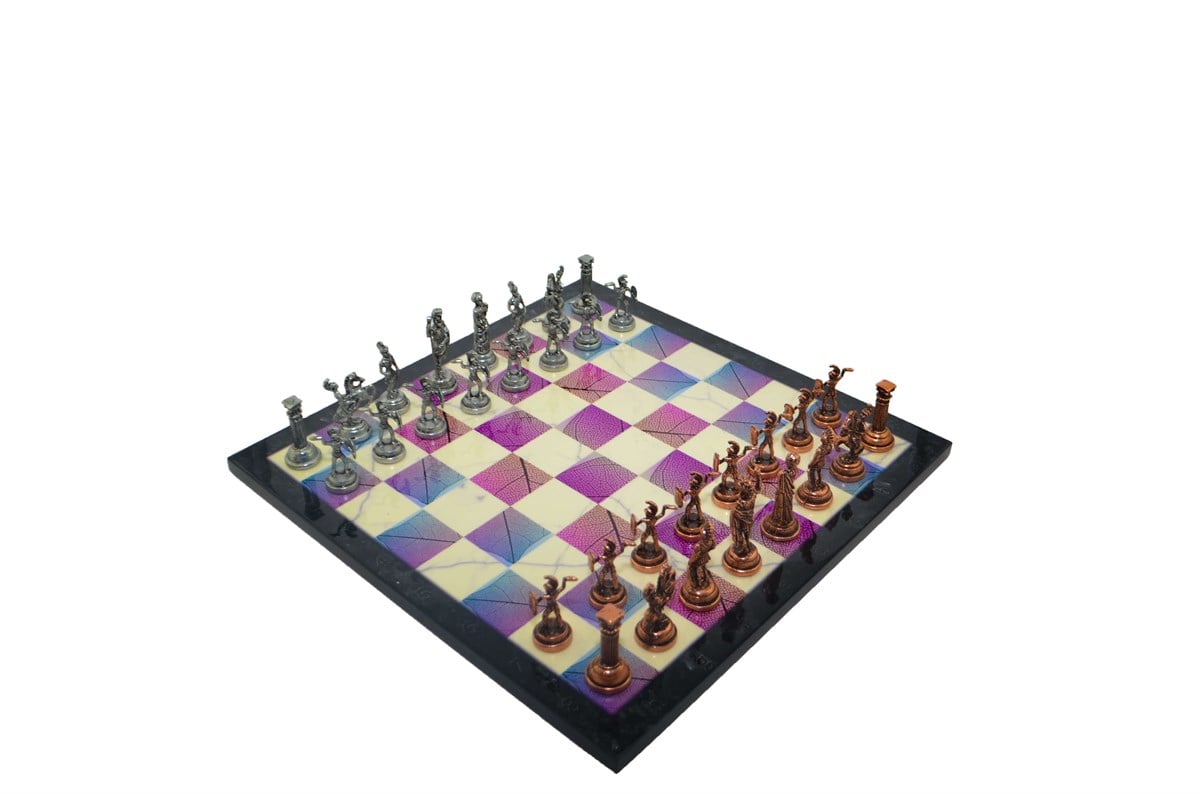 Gifthome Metal Satranç Takımı/Seti;Orta, Roma Figürlü Antik Taş ve Bahar Desenli Satranç Tahtası