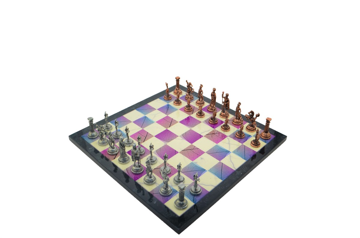 Gifthome Metal Satranç Takımı/Seti;Orta, Roma Figürlü Antik Taş ve Bahar Desenli Satranç Tahtası