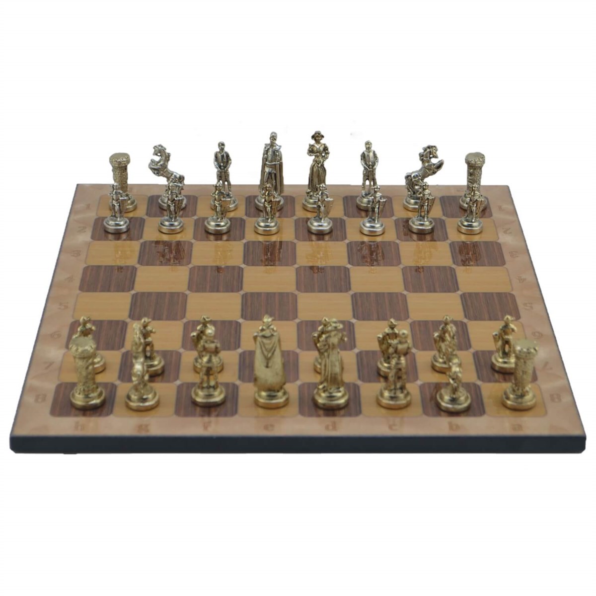 Gifthome Metal Satranç Takımı/Seti;Orta,İngiliz,Parlak,Rustik Ceviz Desenli Satranç Tahtası