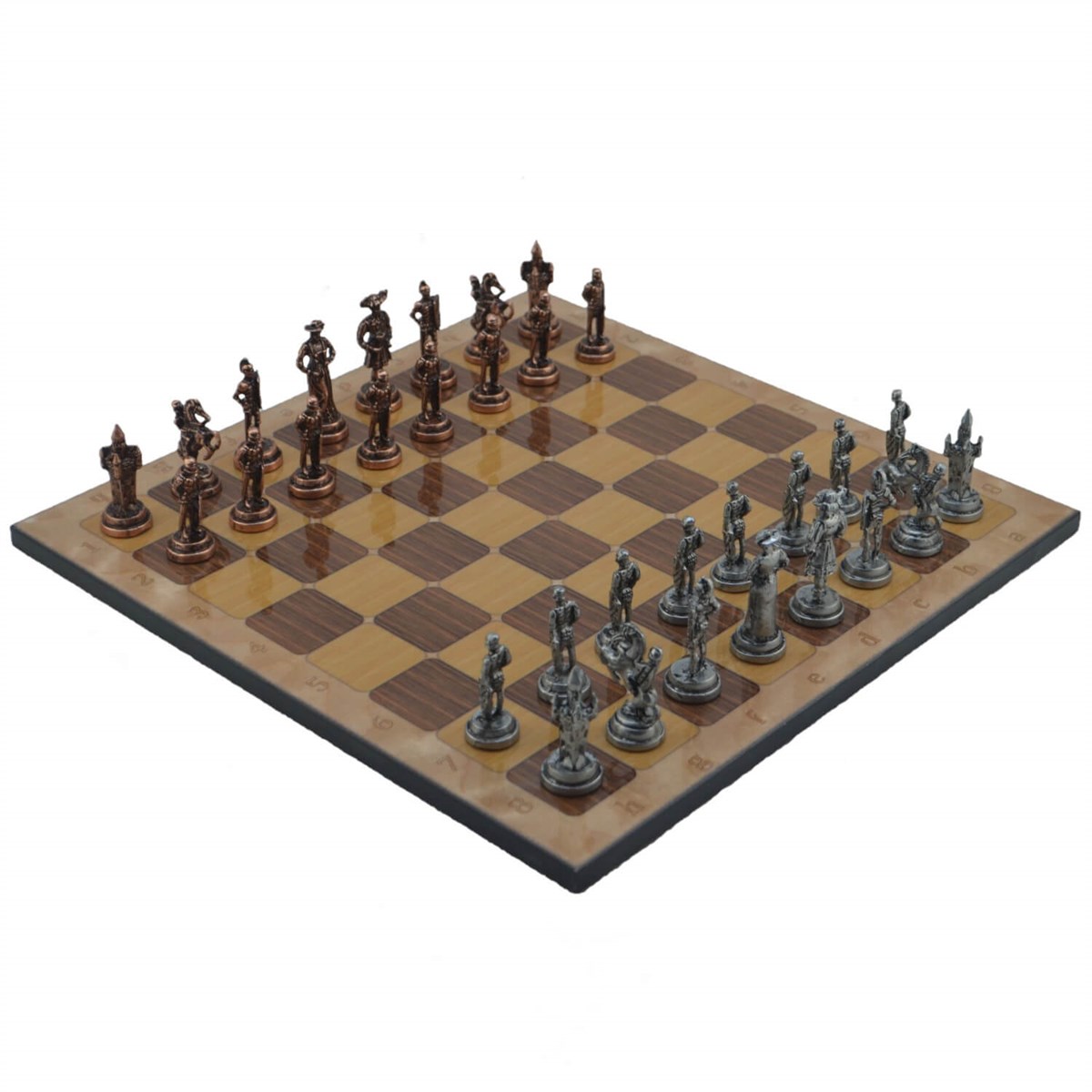 Gifthome Metal Satranç Takımı/Seti;Orta,İspanyol,Antik,Rustik Ceviz Desenli Satranç Tahtası