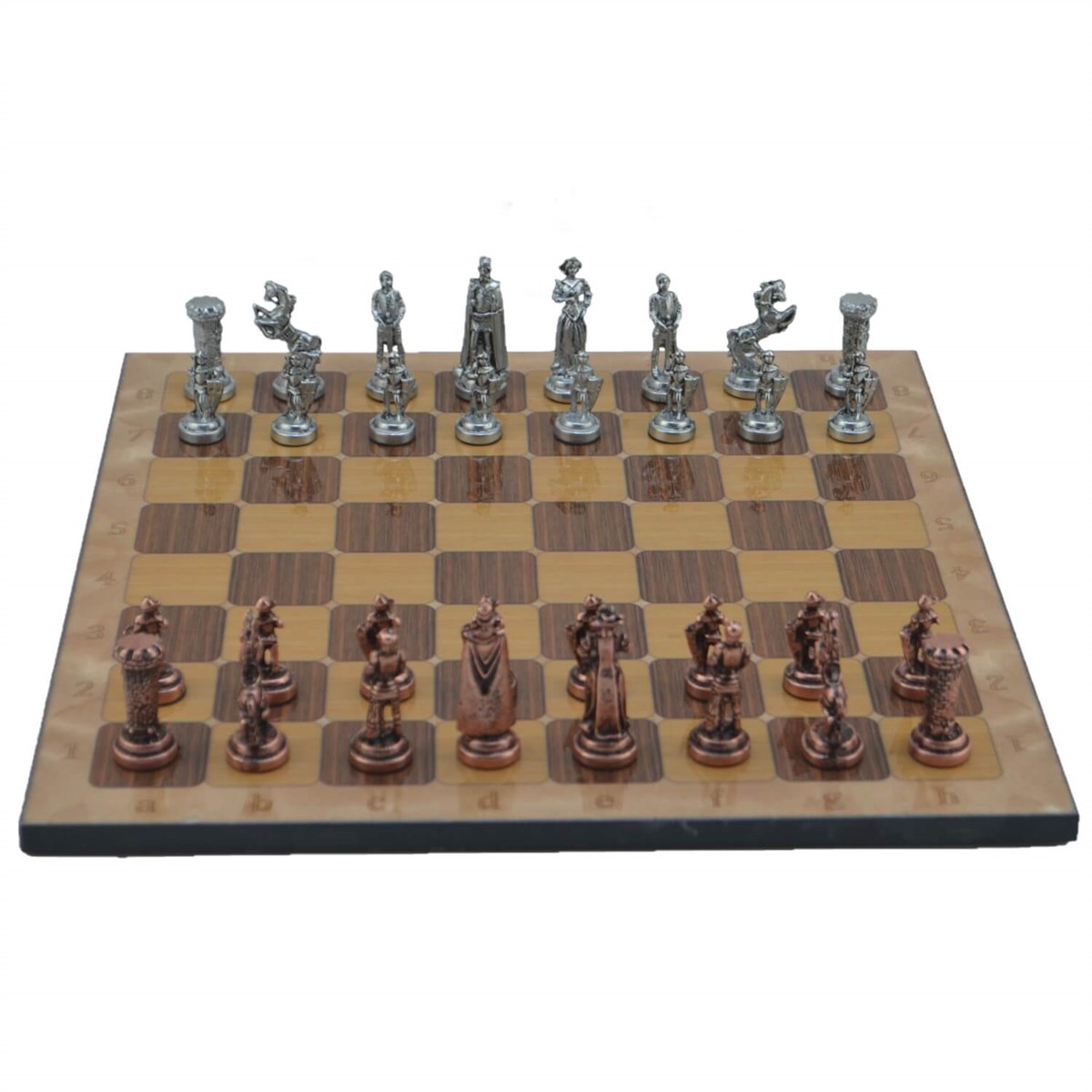 Gifthome Metal Satranç Takımı/Seti;Orta,İngiliz,Antik,Rustik Ceviz Desenli Satranç Tahtası