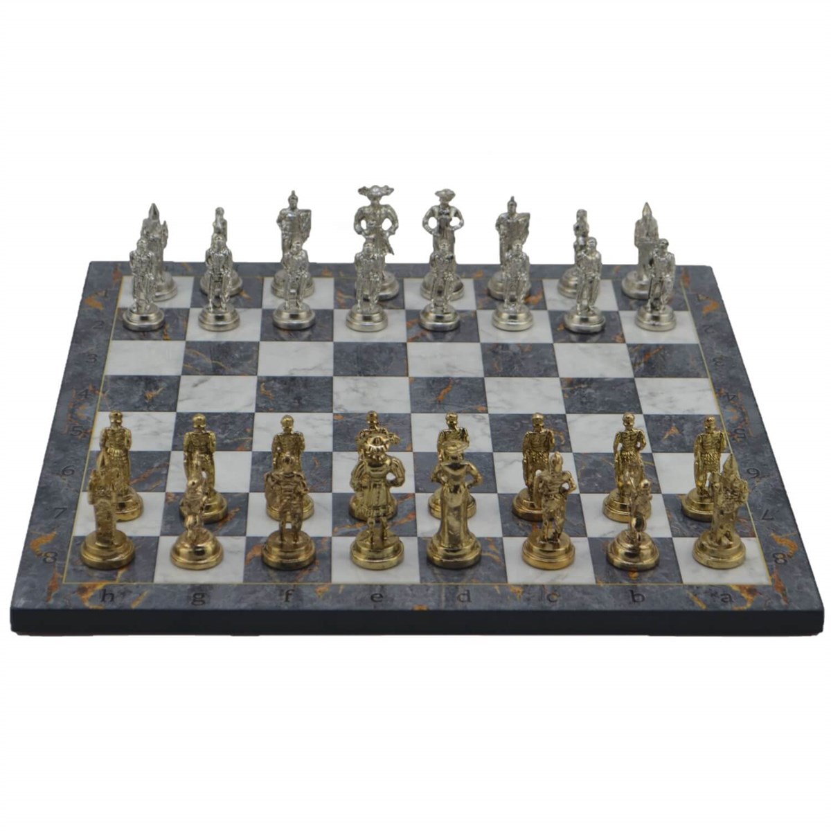 Gifthome Metal Satranç Takımı/Seti;Orta,İspanyol,Parlak,Gri Mermer Desenli Satranç Tahtası