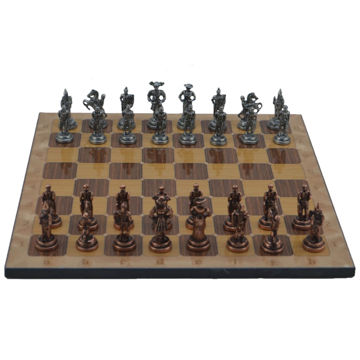 Gifthome Metal Satranç Takımı/Seti;Orta,İspanyol,Antik,Rustik Ceviz Desenli Satranç Tahtası
