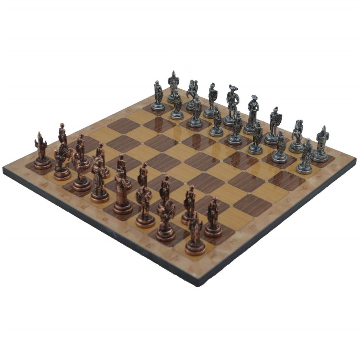 Gifthome Metal Satranç Takımı/Seti;Orta,İspanyol,Antik,Rustik Ceviz Desenli Satranç Tahtası