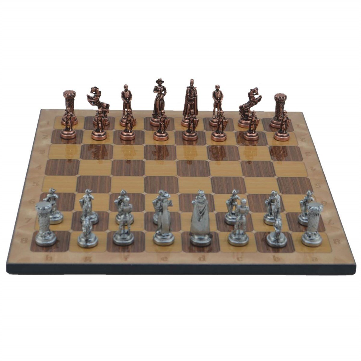 Gifthome Metal Satranç Takımı/Seti;Orta,İngiliz,Antik,Rustik Ceviz Desenli Satranç Tahtası