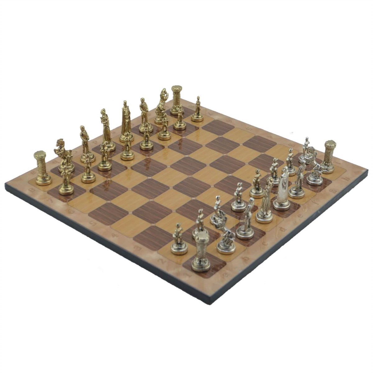 Gifthome Metal Satranç Takımı/Seti;Orta,İngiliz,Parlak,Rustik Ceviz Desenli Satranç Tahtası