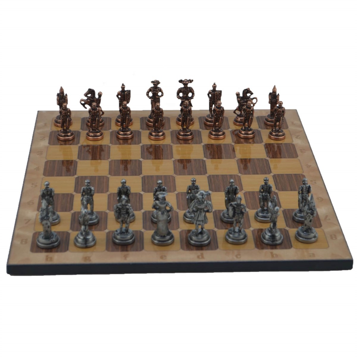 Gifthome Metal Satranç Takımı/Seti;Orta,İspanyol,Antik,Rustik Ceviz Desenli Satranç Tahtası