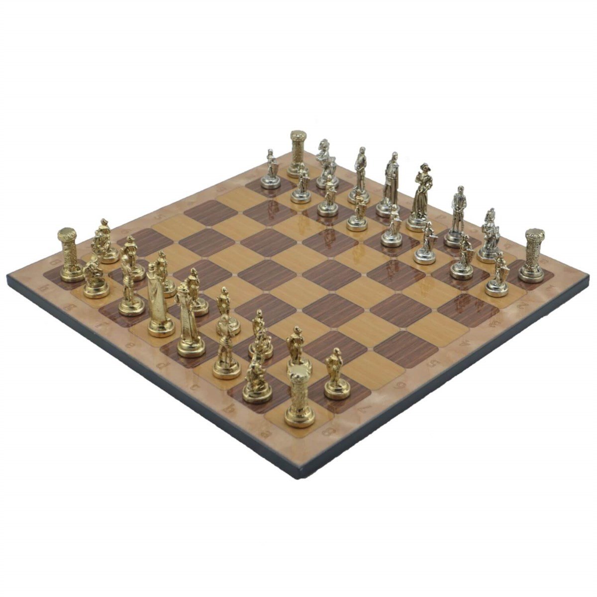 Gifthome Metal Satranç Takımı/Seti;Orta,İngiliz,Parlak,Rustik Ceviz Desenli Satranç Tahtası