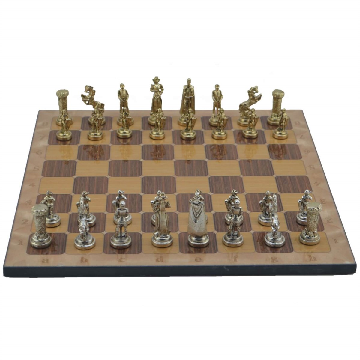 Gifthome Metal Satranç Takımı/Seti;Orta,İngiliz,Parlak,Rustik Ceviz Desenli Satranç Tahtası