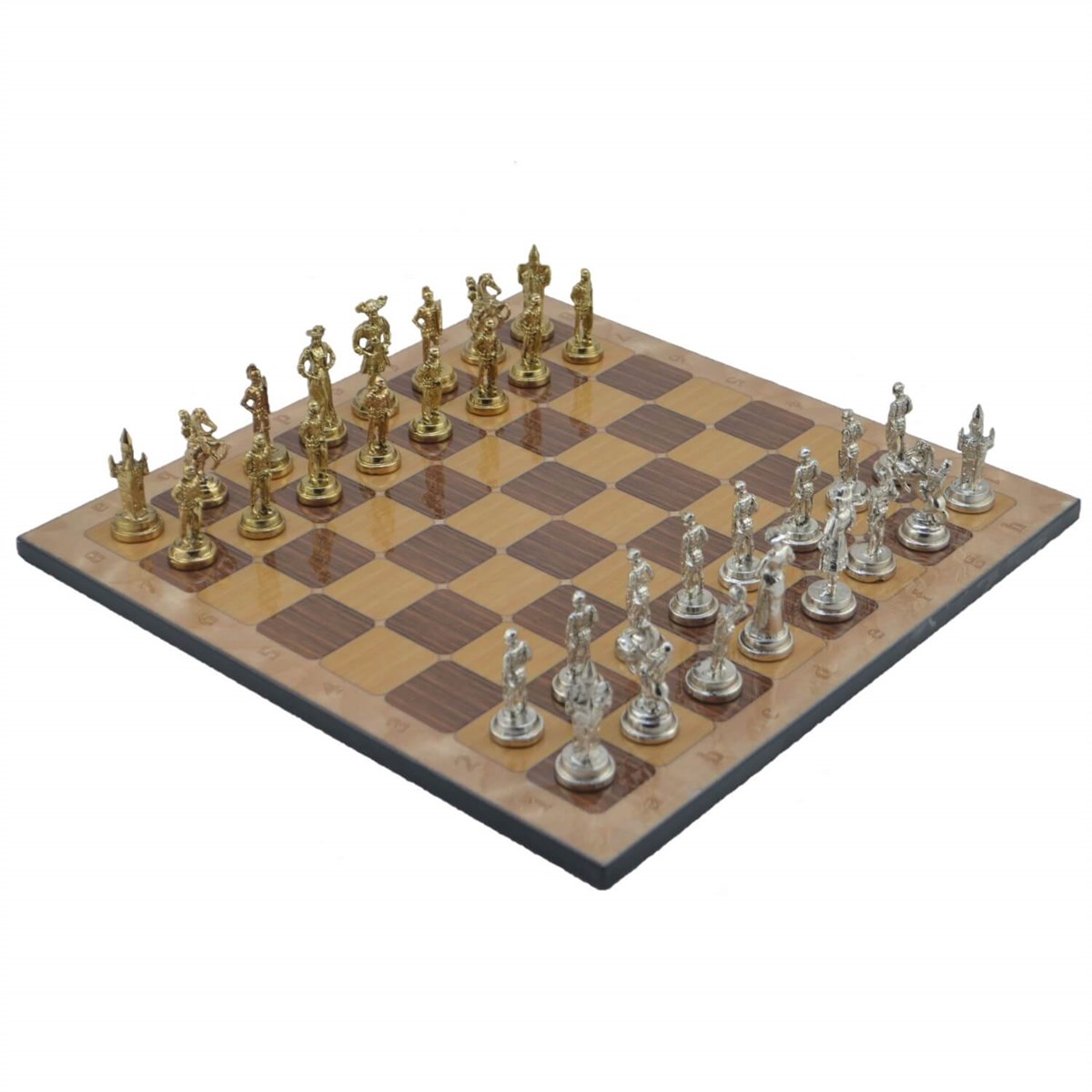 Gifthome Metal Satranç Takımı/Seti;Orta,İspanyol,Parlak,Rustik Ceviz Desenli Satranç Tahtası