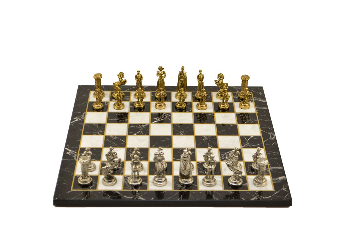 Gifthome Metal Satranç Takımı/Seti;Orta,İngiliz,Parlak Taş ve Düz Mermer Desenli Satranç Tahtası