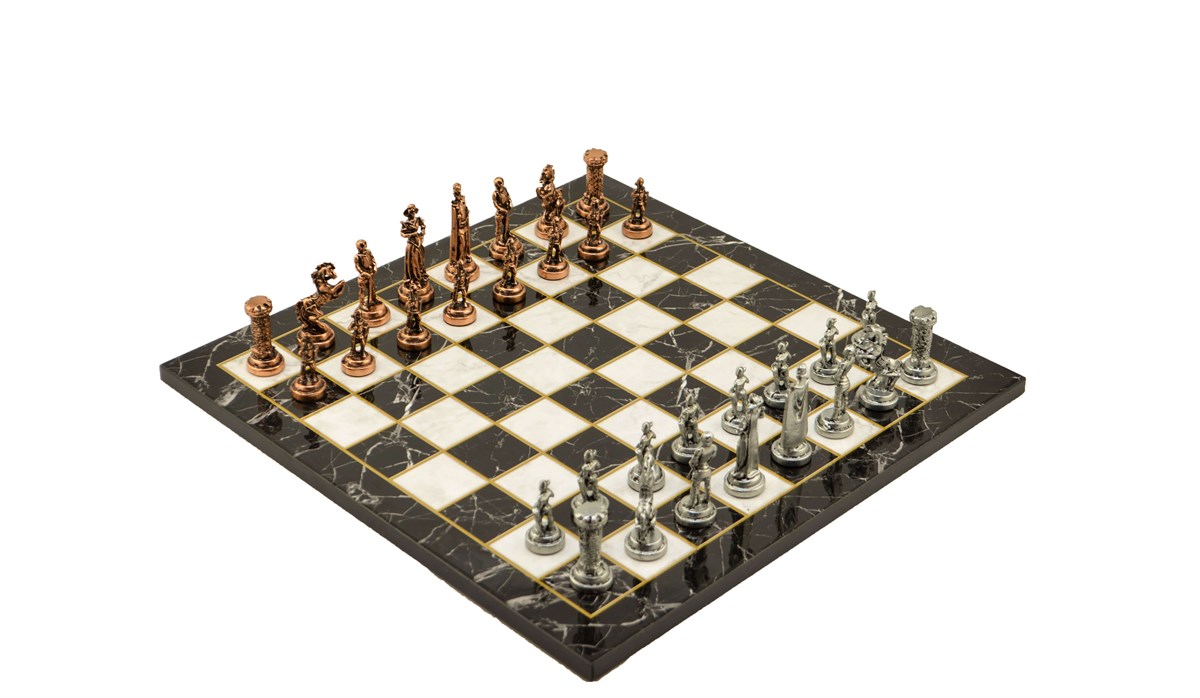 Gifthome Metal Satranç Takımı/Seti;Orta,İngiliz,Antik Taş ve Düz Mermer Desenli Satranç Tahtası