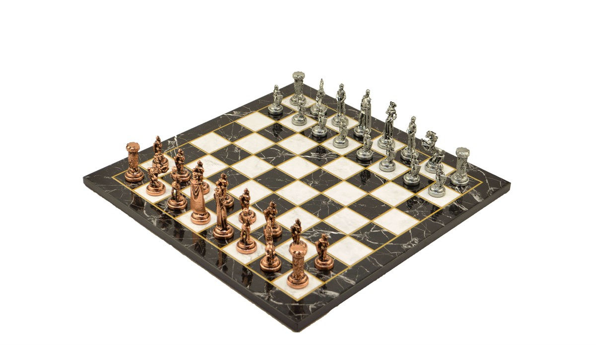 Gifthome Metal Satranç Takımı/Seti;Orta,İngiliz,Antik Taş ve Düz Mermer Desenli Satranç Tahtası