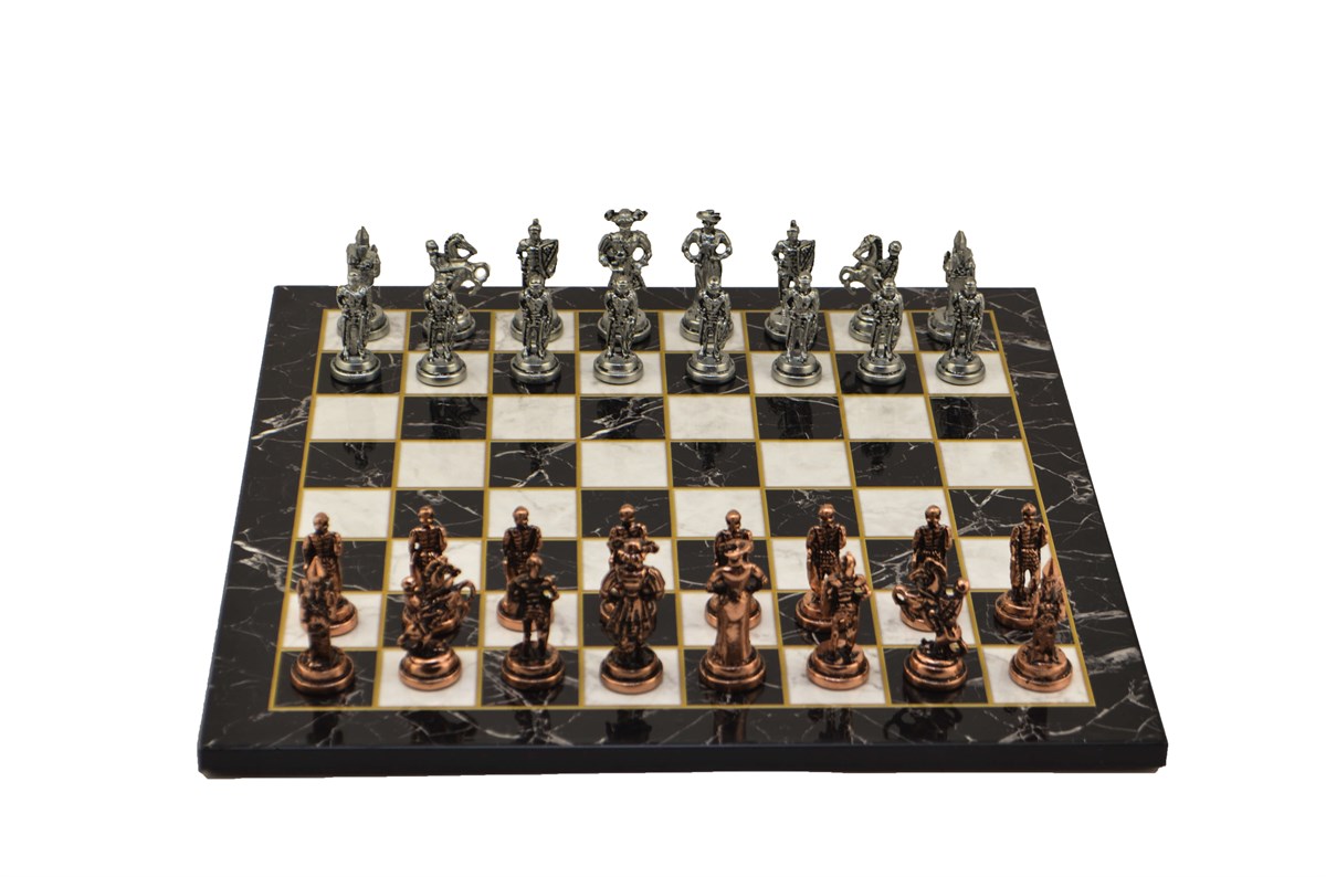 Gifthome Metal Satranç Takımı/Seti;Orta,İspanyol,Antik Taş ve Düz Mermer Desenli Satranç Tahtası