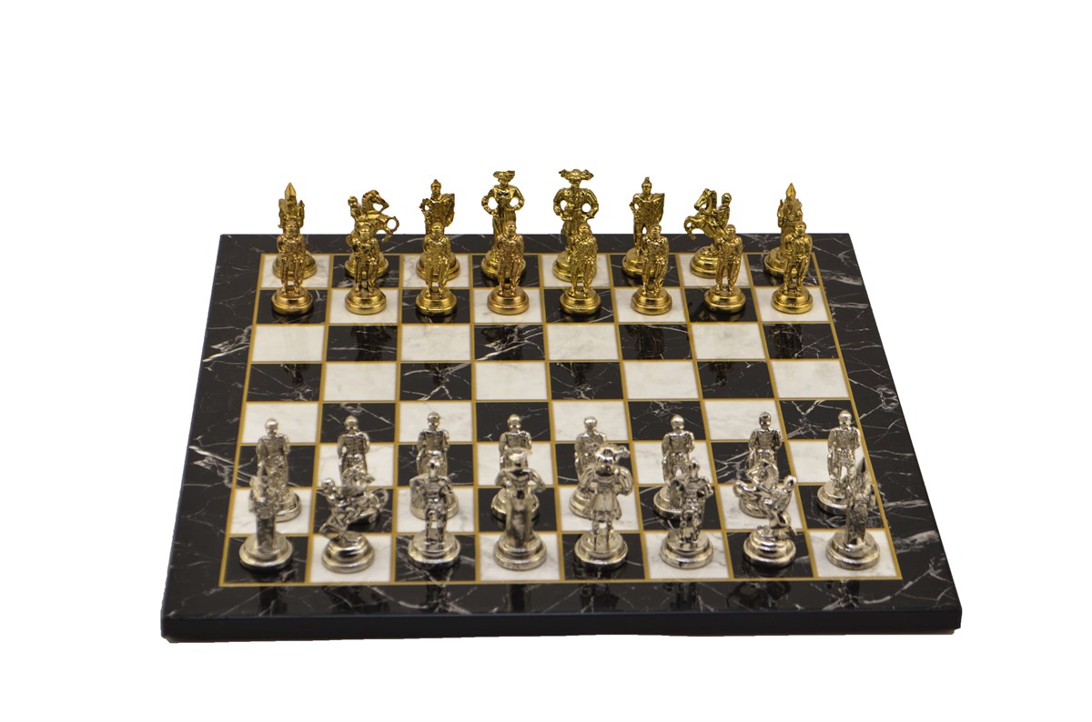 Gifthome Metal Satranç Takımı/Seti;Orta,İspanyol,Parlak Taş ve Düz Mermer Desenli Satranç Tahtası