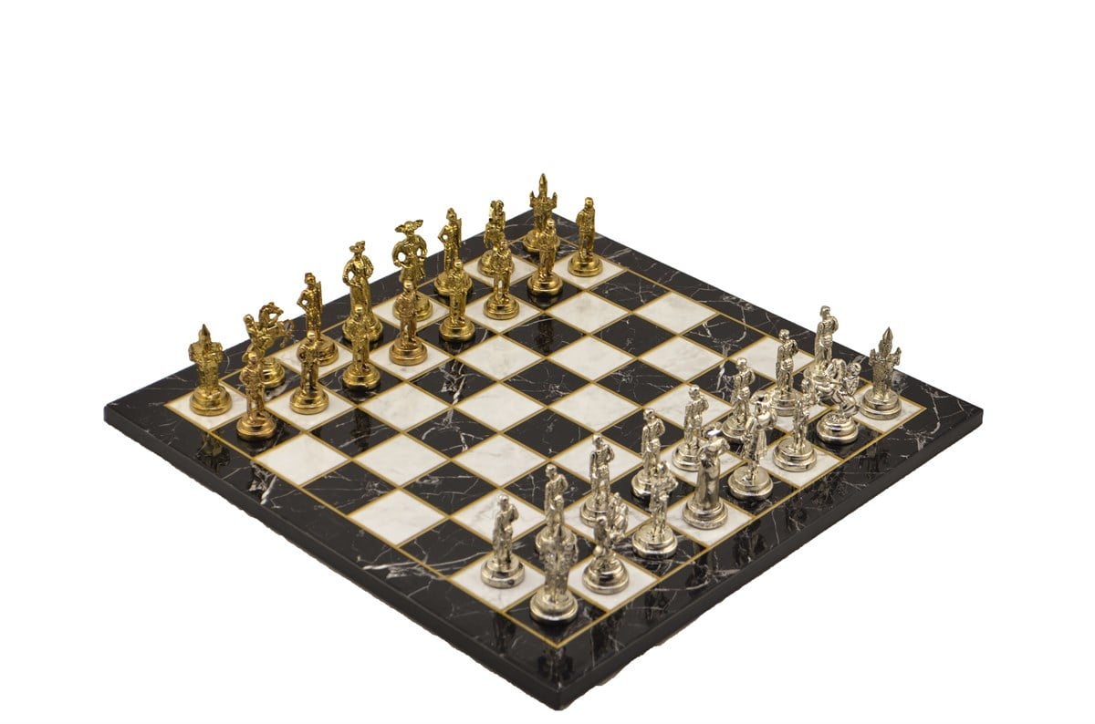 Gifthome Metal Satranç Takımı/Seti;Orta,İspanyol,Parlak Taş ve Düz Mermer Desenli Satranç Tahtası