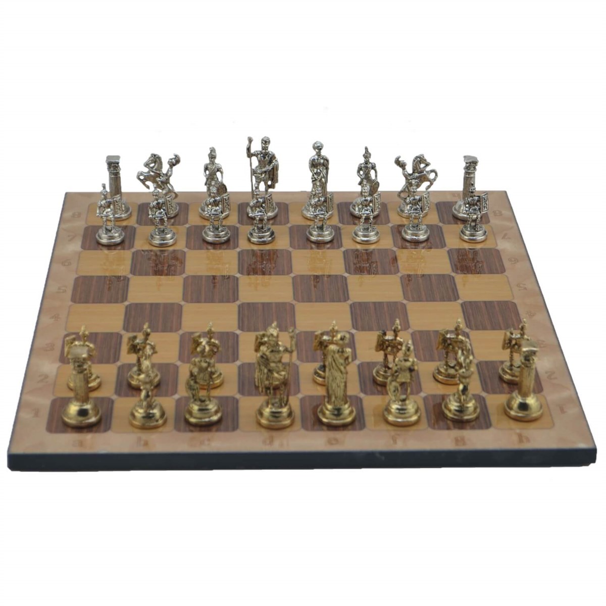 Gifthome Metal Satranç Takımı/Seti;Orta,Roma,Parlak,Rustik Ceviz Desenli Satranç Tahtası