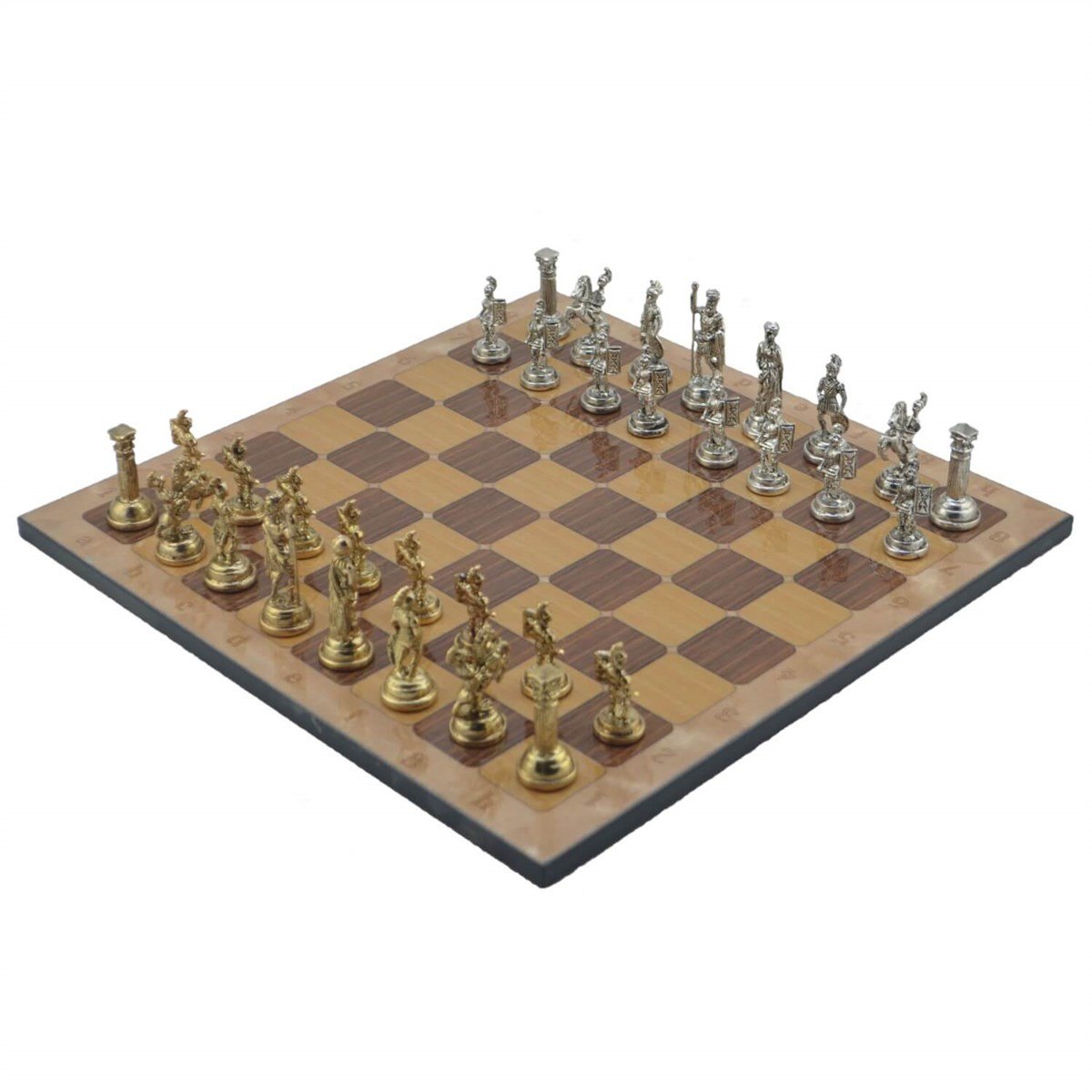 Gifthome Metal Satranç Takımı/Seti;Orta,Roma,Parlak,Rustik Ceviz Desenli Satranç Tahtası