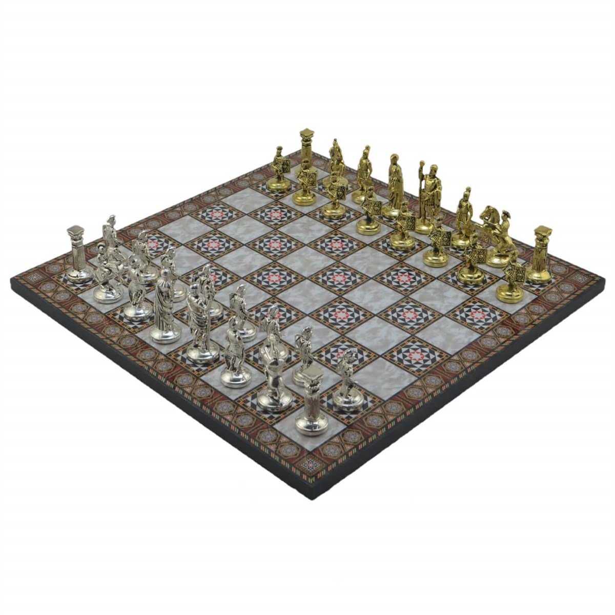 Gifthome Metal Satranç Takımı/Seti;Orta,Roma,Parlak,Sedef Desenli  Ahşap Satranç Tahtası