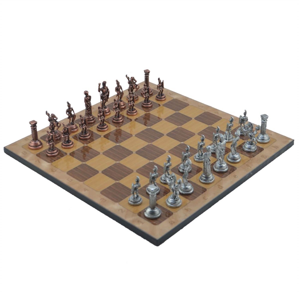 Gifthome Metal Satranç Takımı/Seti;Orta,Roma,Antik,Rustik Ceviz Desenli Satranç Tahtası