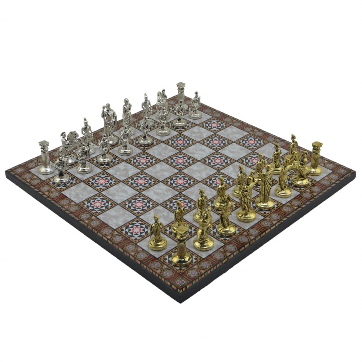 Gifthome Metal Satranç Takımı/Seti;Orta,Roma,Parlak,Sedef Desenli  Ahşap Satranç Tahtası