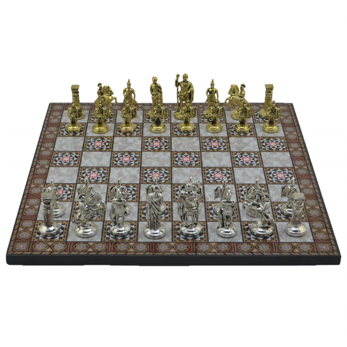 Gifthome Metal Satranç Takımı/Seti;Orta,Roma,Parlak,Sedef Desenli  Ahşap Satranç Tahtası