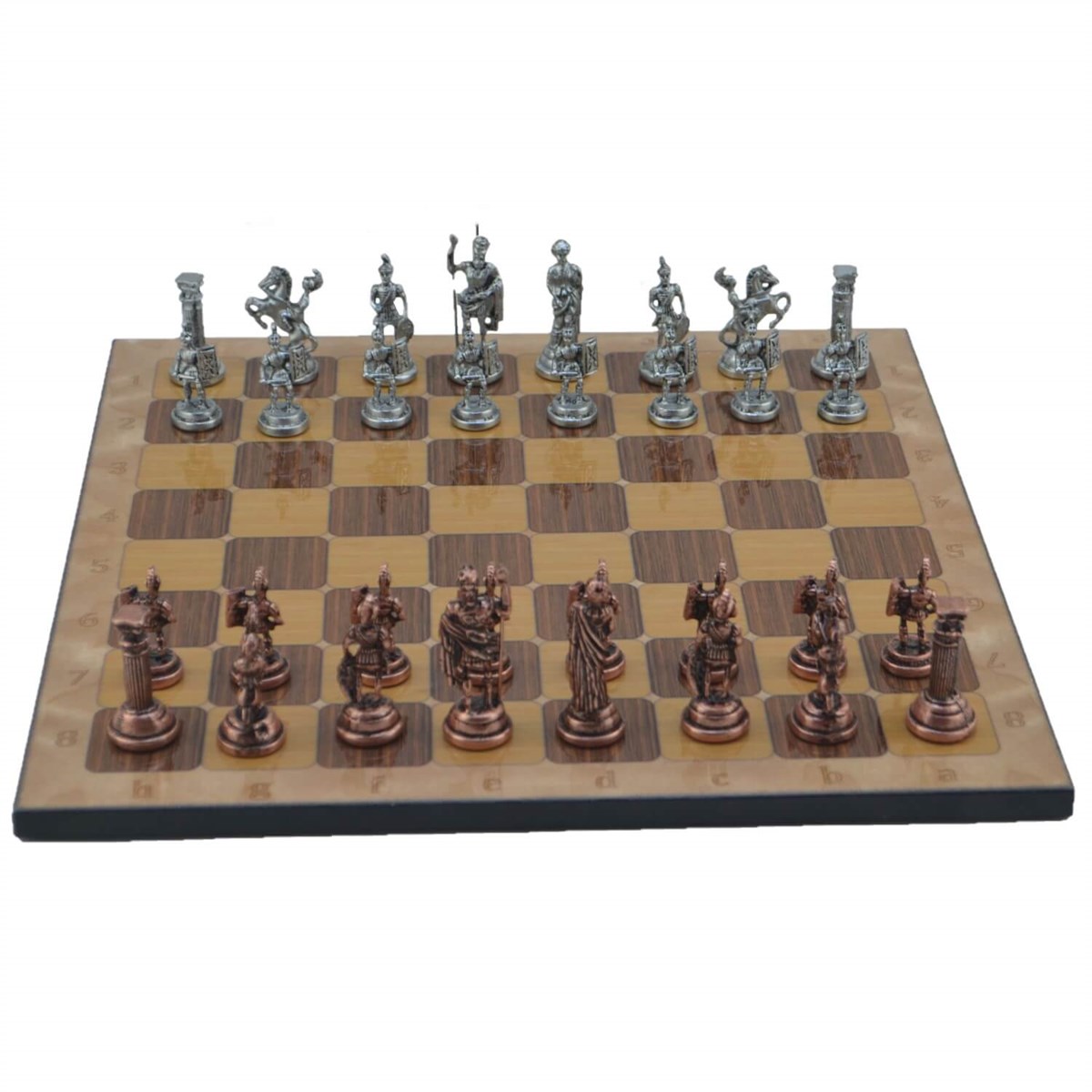 Gifthome Metal Satranç Takımı/Seti;Orta,Roma,Antik,Rustik Ceviz Desenli Satranç Tahtası