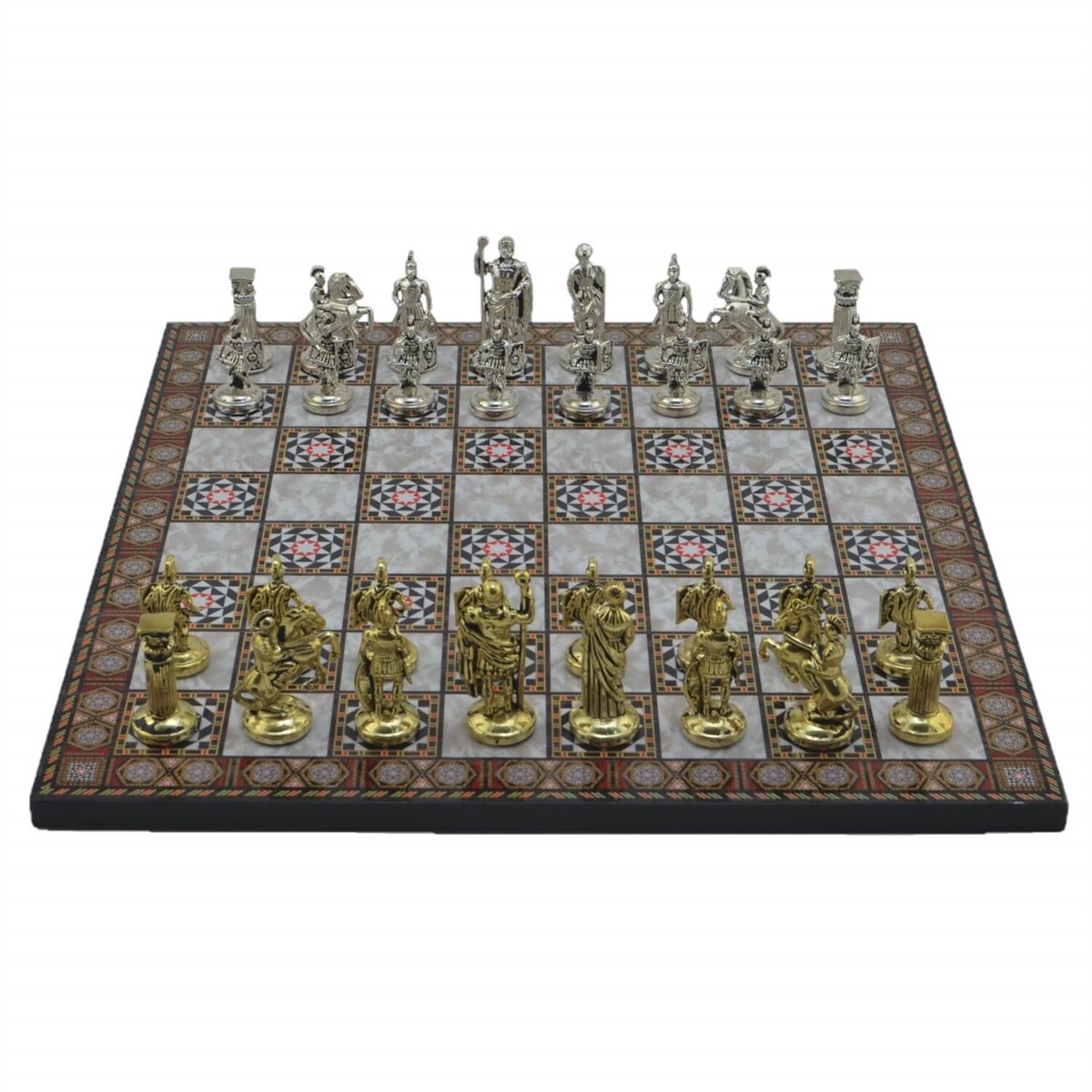 Gifthome Metal Satranç Takımı/Seti;Orta,Roma,Parlak,Sedef Desenli  Ahşap Satranç Tahtası
