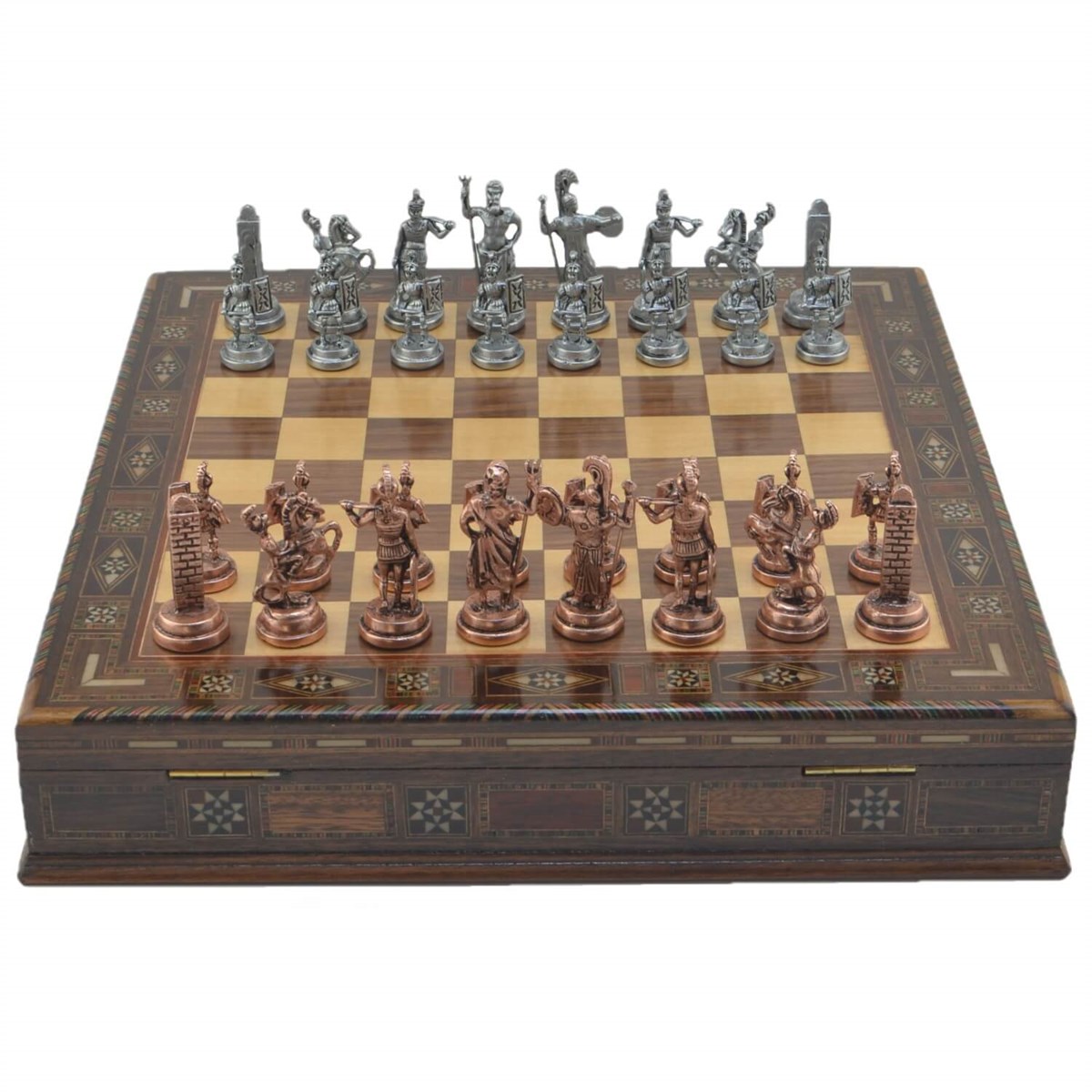 Gifthome Metal Satranç Takımı/Seti;Orta,Yunan,Antik,Sandıklı Masif Ahşap Satranç Tahtası