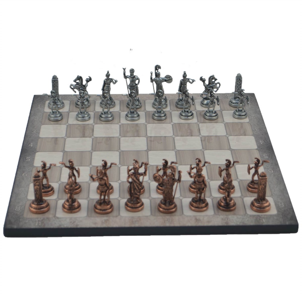 Gifthome Metal Satranç Takımı/Seti;Orta,Yunan,Antik,Platin Meşe Desenli Satranç Tahtası