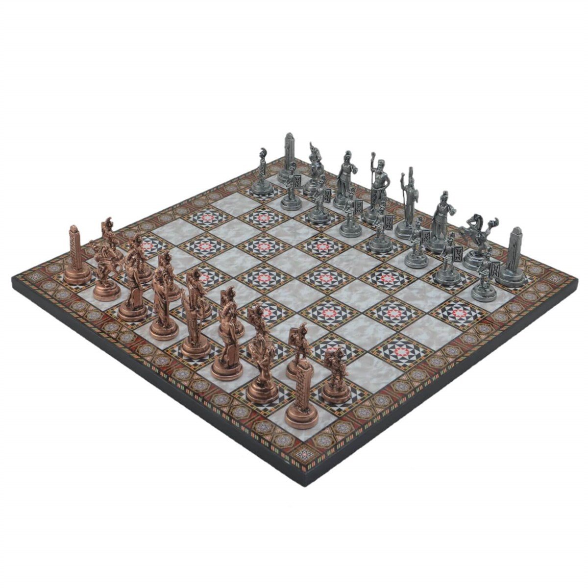 Gifthome Metal Satranç Takımı/Seti;Orta,Yunan,Antik,Sedef Desenli Satranç Tahtası