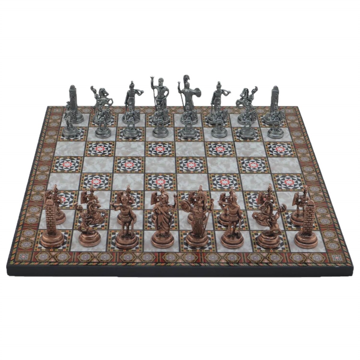 Gifthome Metal Satranç Takımı/Seti;Orta,Yunan,Antik,Sedef Desenli Satranç Tahtası