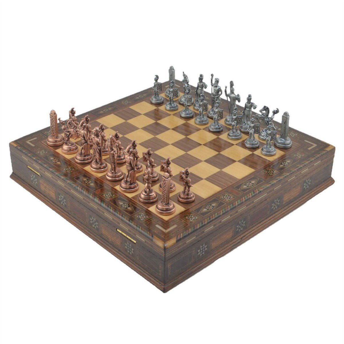Gifthome Metal Satranç Takımı/Seti;Orta,Yunan,Antik,Sandıklı Masif Ahşap Satranç Tahtası