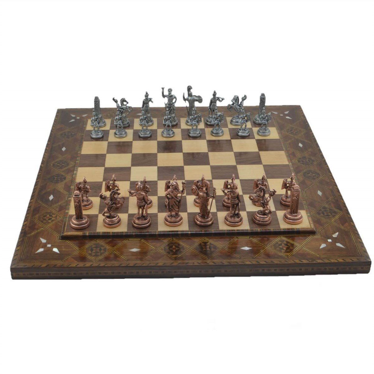 Gifthome Metal Satranç Takımı/Seti;Orta,Yunan,Antik,Düz Masif Ahşap Satranç Tahtası