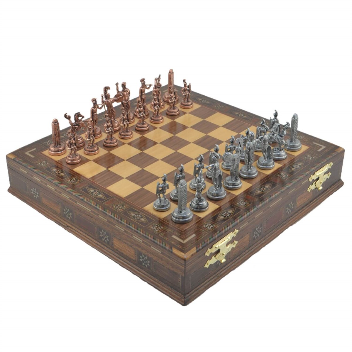 Gifthome Metal Satranç Takımı/Seti;Orta,Yunan,Antik,Sandıklı Masif Ahşap Satranç Tahtası