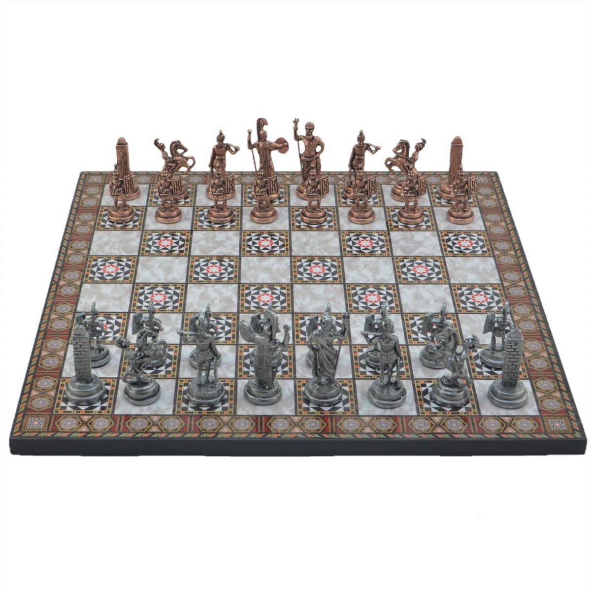 Gifthome Metal Satranç Takımı/Seti;Orta,Yunan,Antik,Sedef Desenli Satranç Tahtası