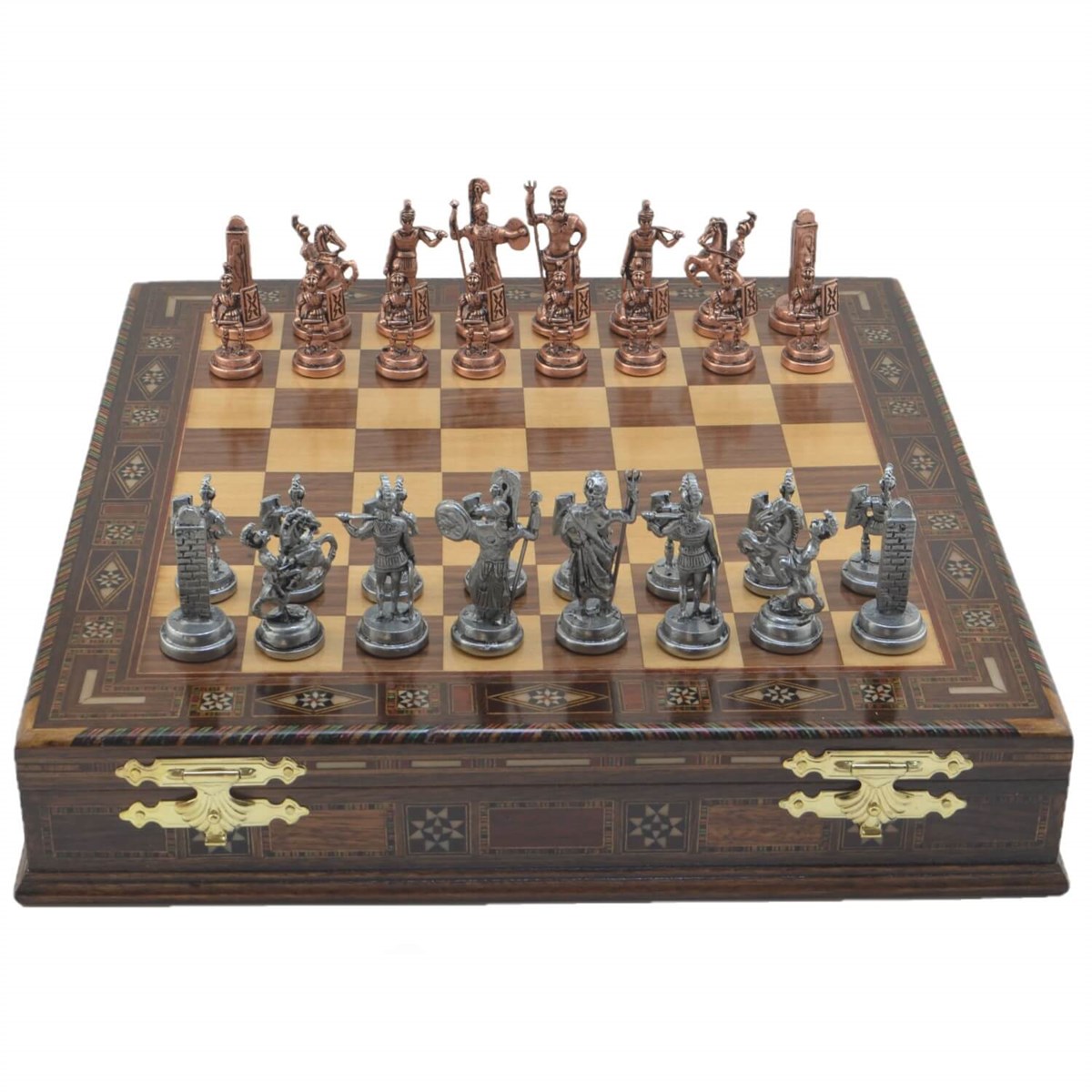 Gifthome Metal Satranç Takımı/Seti;Orta,Yunan,Antik,Sandıklı Masif Ahşap Satranç Tahtası
