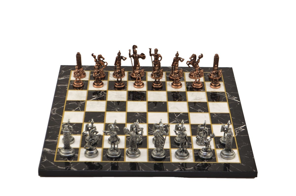 Gifthome Metal Satranç Takımı/Seti;Orta,Yunan,Antik Taş ve Düz Mermer Desenli Satranç Tahtası
