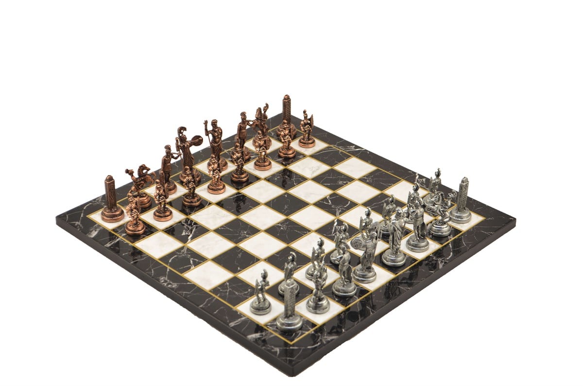 Gifthome Metal Satranç Takımı/Seti;Orta,Yunan,Antik Taş ve Düz Mermer Desenli Satranç Tahtası