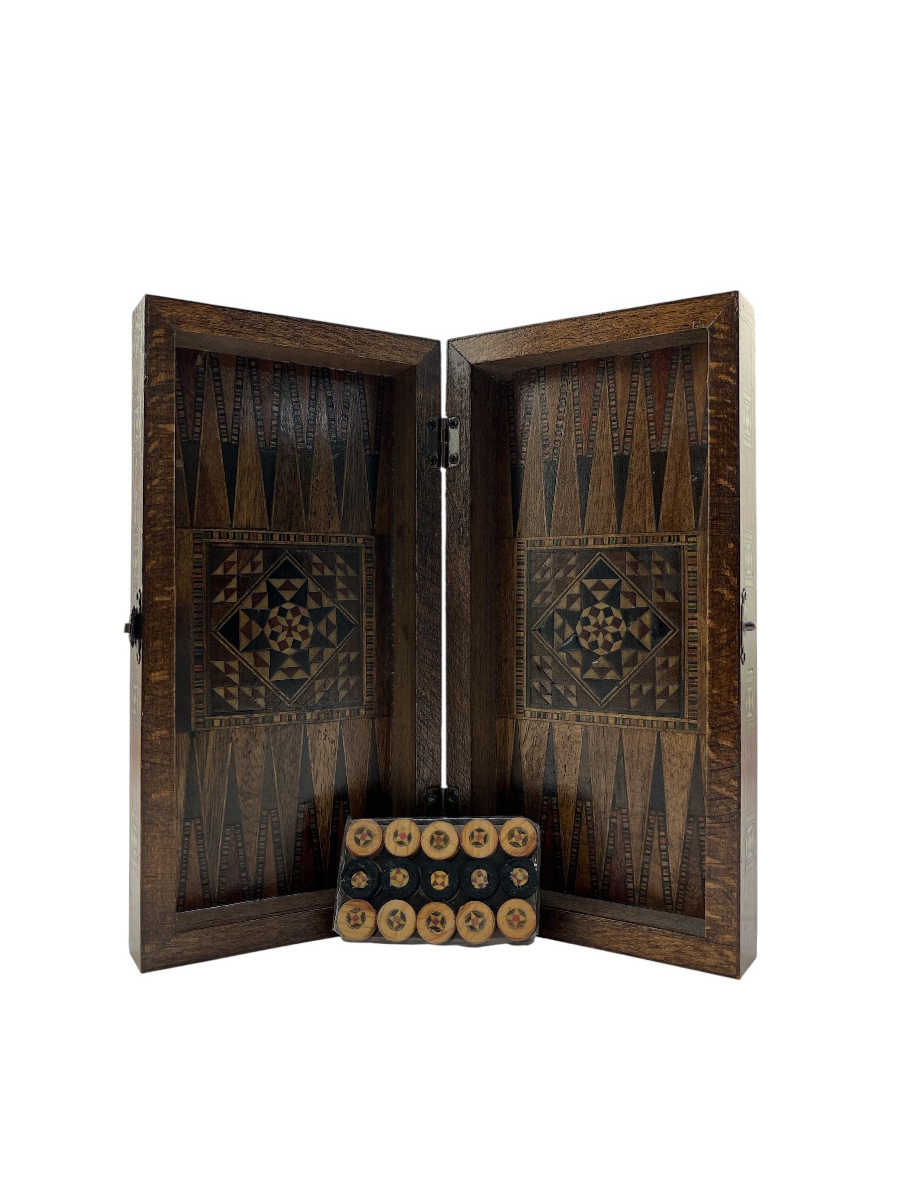 Gifthome, Mini Boy, El Yapımı, Masif Ahşap, Karışık Desenli - 3 Sedefli Tavla ( 22x11 cm )