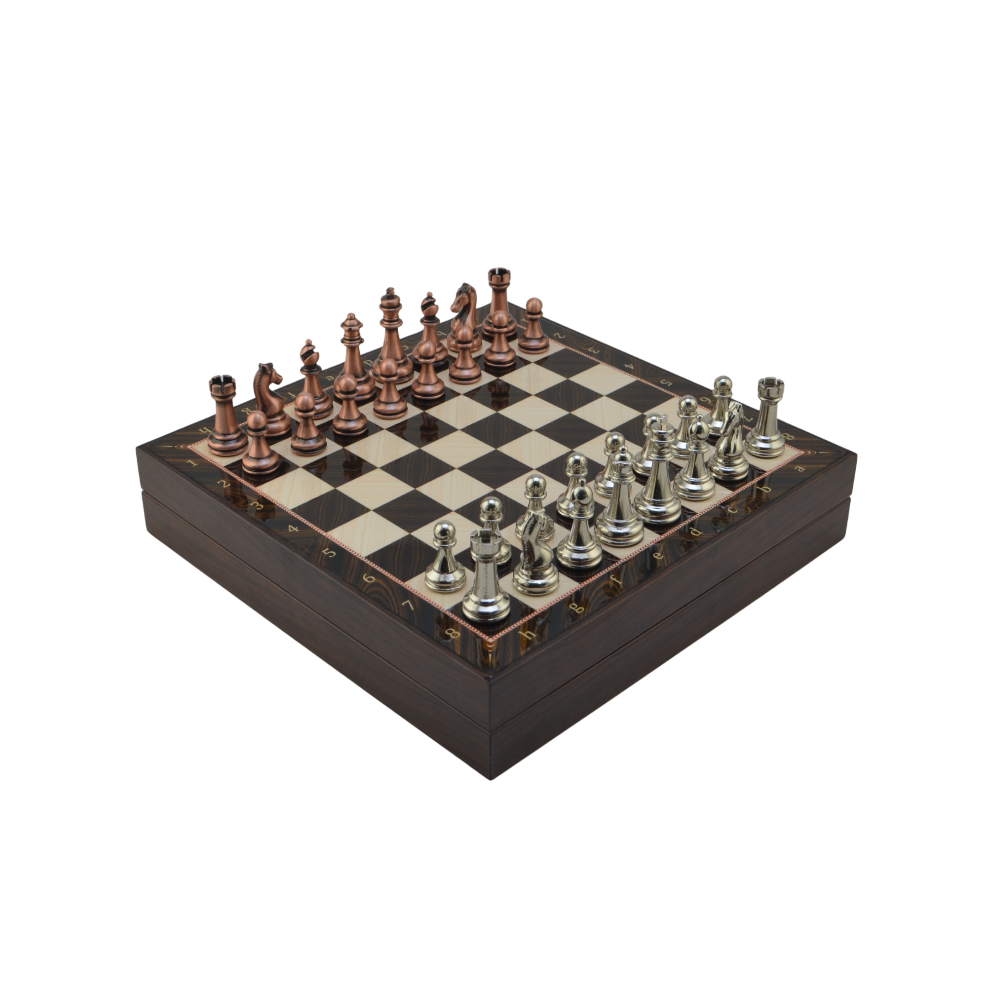 GiftHome Orta Boy Antik Metal Klasik Satranç Takımı ve Ceviz Desenli Sandıklı MDF Tahtası (30X30X6 cm.)