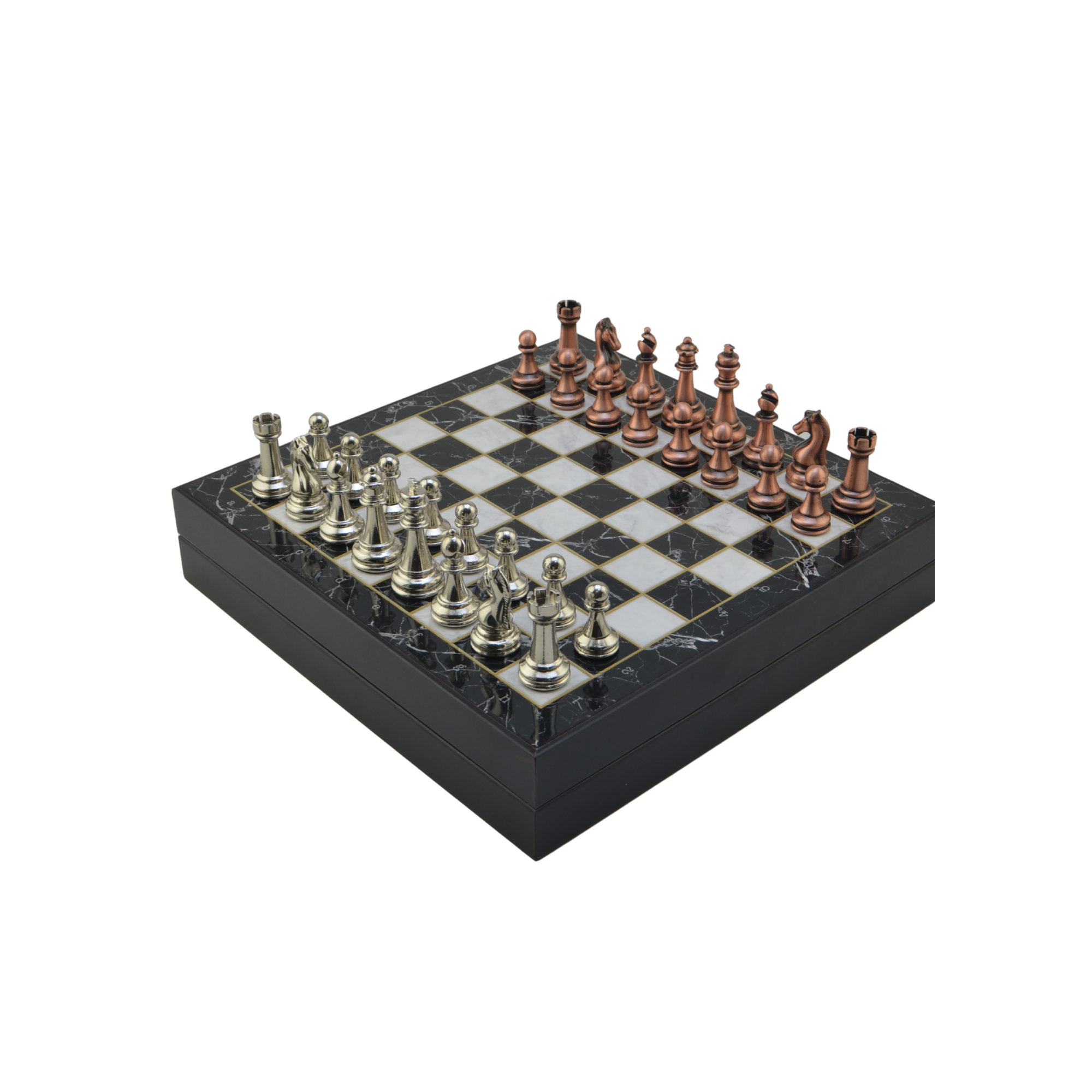 GiftHome Orta Boy Antik Metal Klasik Satranç Takımı ve Mermer Desenli Sandıklı MDF Tahtası (30X30X6 cm.)