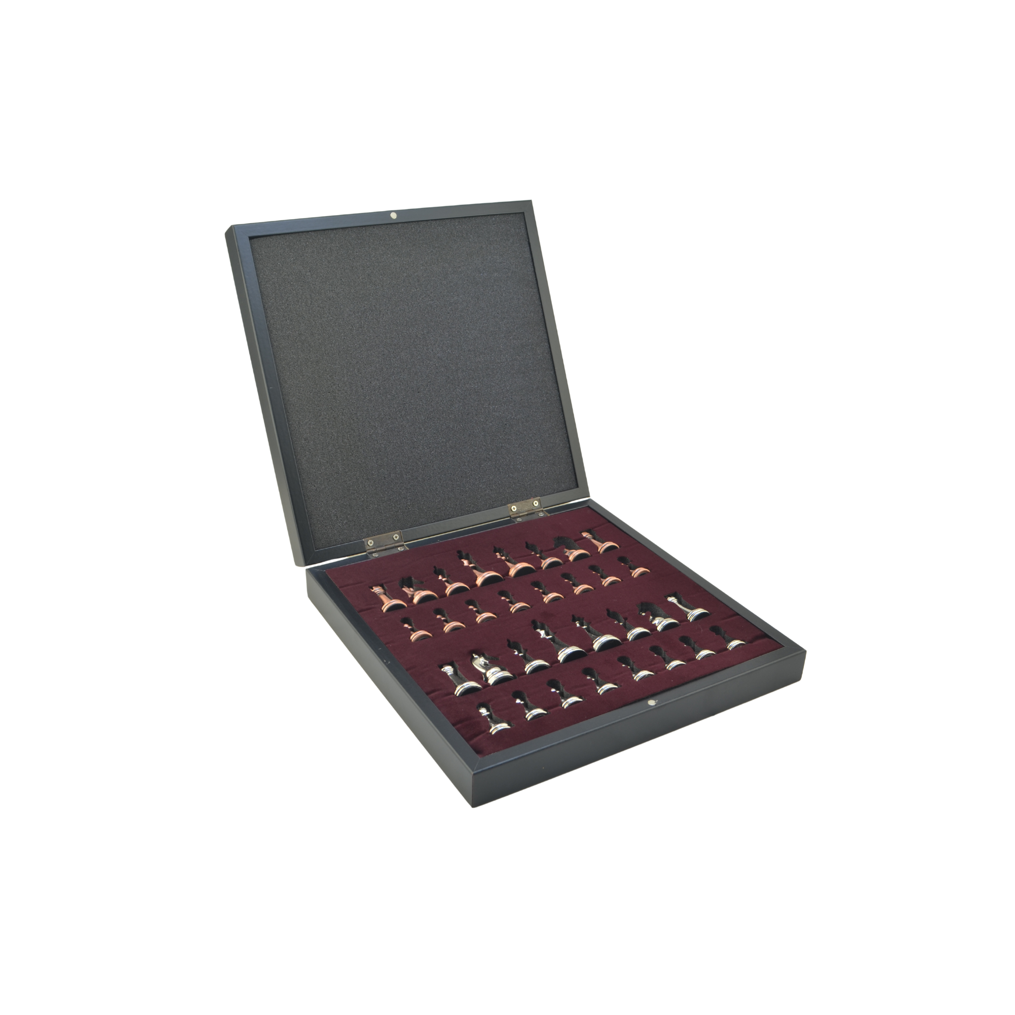 GiftHome Orta Boy Antik Metal Klasik Satranç Takımı ve Mermer Desenli Sandıklı MDF Tahtası (30X30X6 cm.)