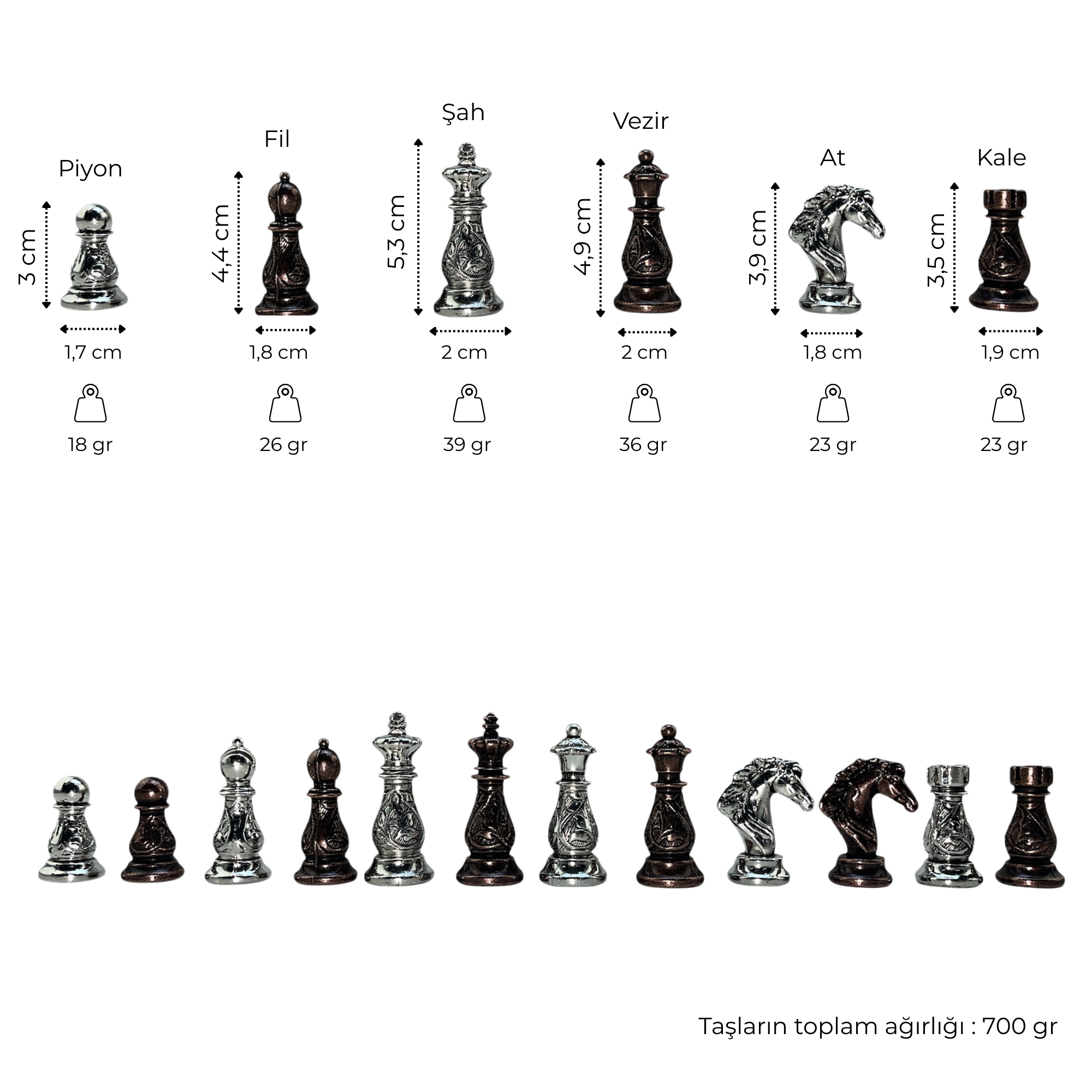 GiftHome Orta Boy Metal İŞLEMELİ KLASİK Satranç Takımı  ve Sandıklı Masif Ahşap Satranç Tahtası (28x28x5,5 cm.)