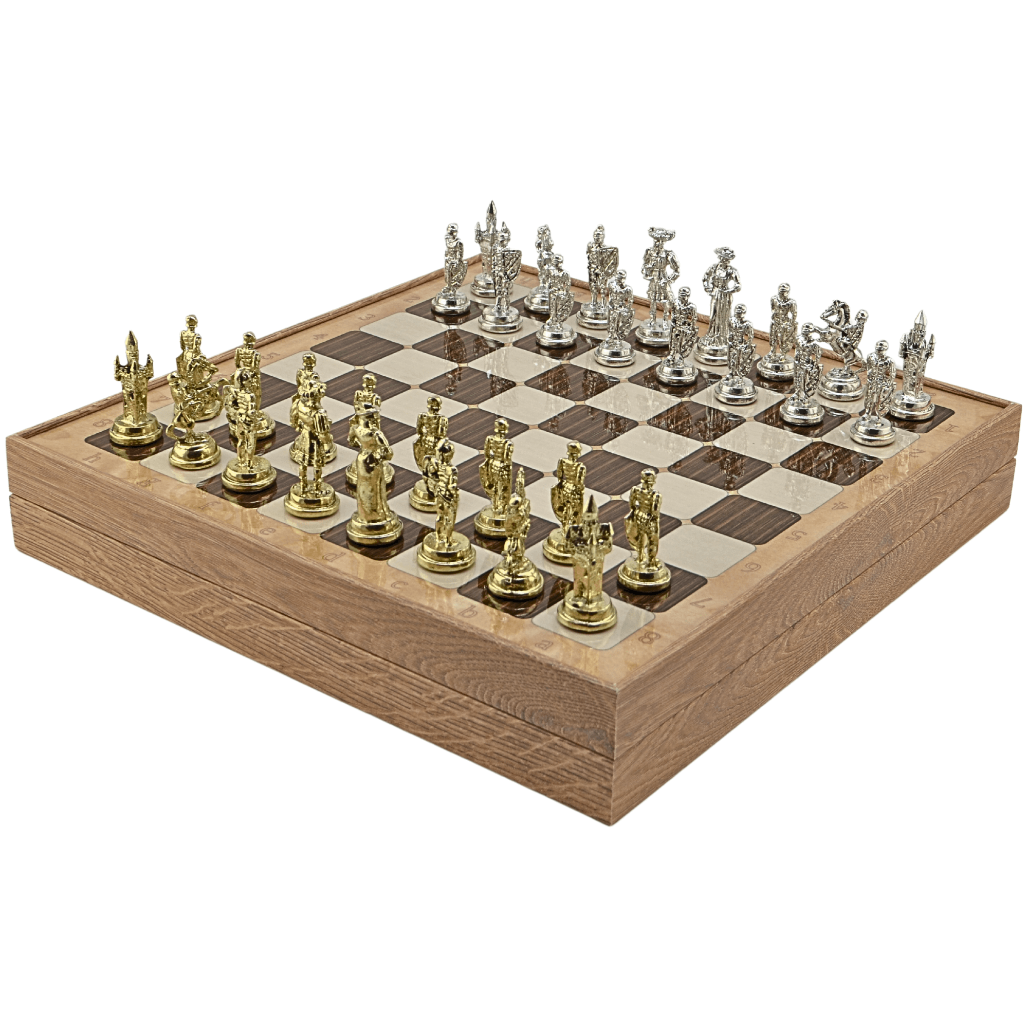 GiftHome Orta Boy Metal İSPANYOL Satranç Tk. Parlak ve Rustik Desenli Sandıklı MDF Tahtası(36X36X6 cm.) 