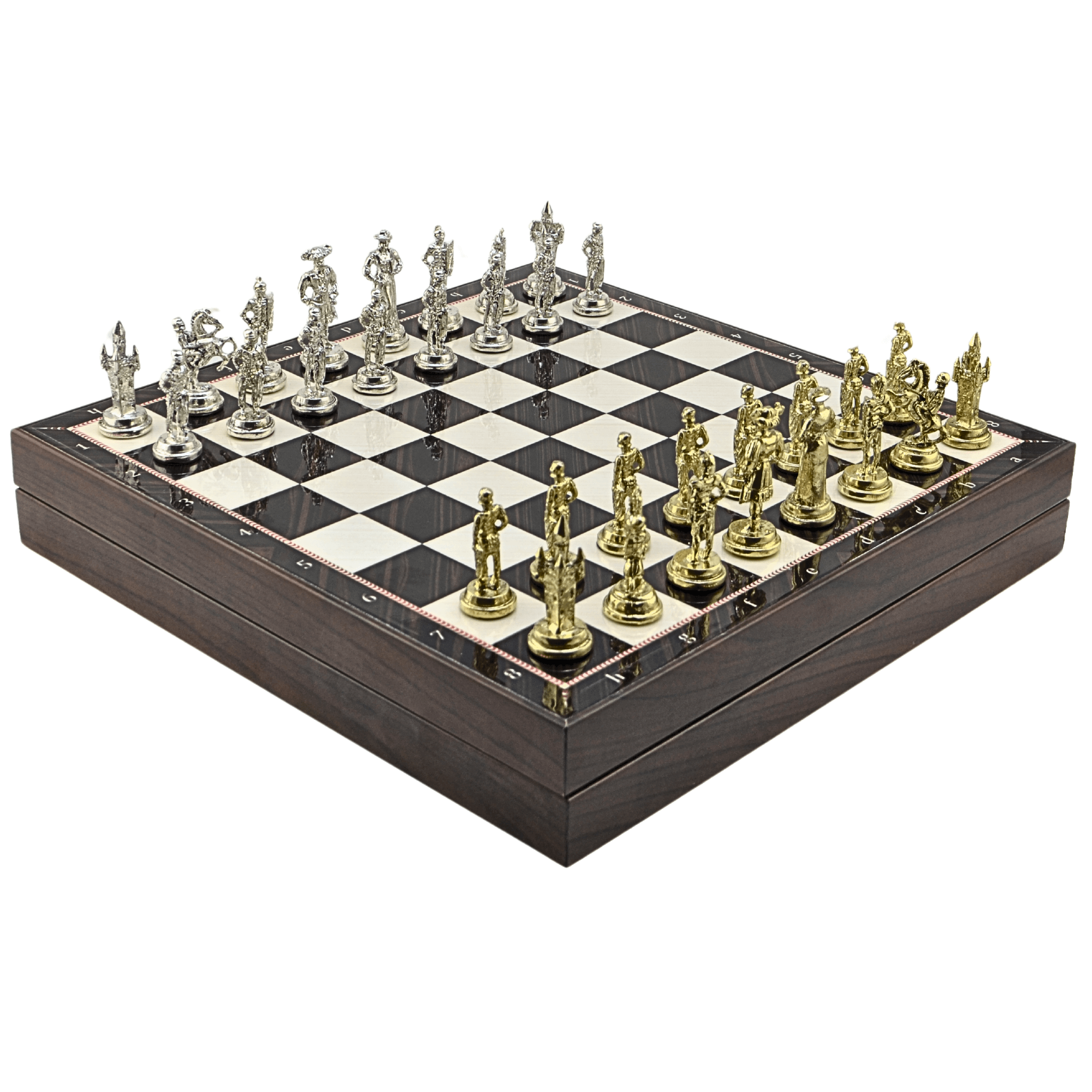 GiftHome Orta Boy Metal İSPANYOL Satranç Tk. Parlak ve Ceviz Desenli Sandıklı MDF Tahtası(36X36X6 cm.) 